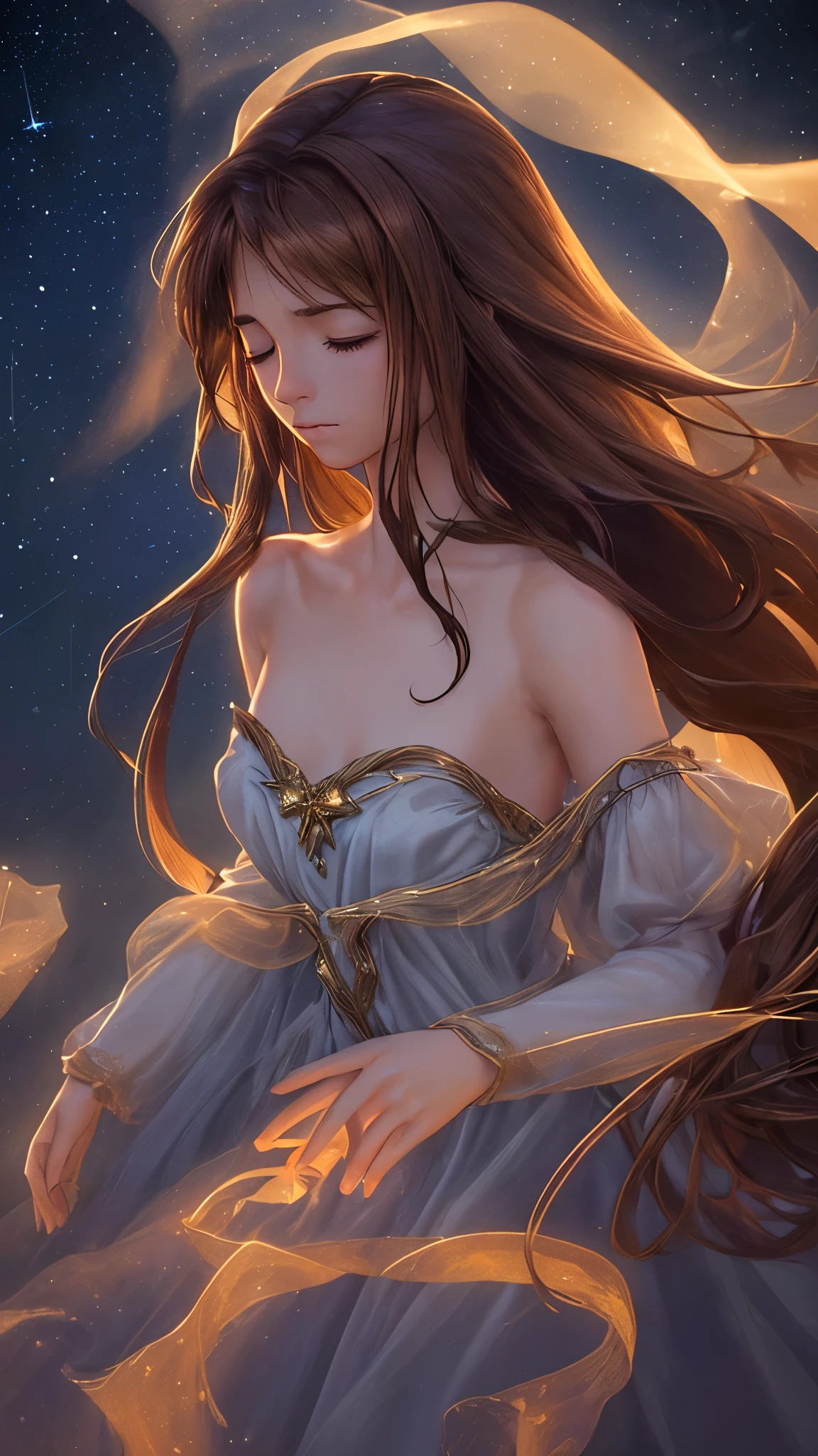 One person, solo, High resolution, Brown Hair, Very long hair, Closed eyes, accurate, Anatomically correct, masterpiece, High detail, chest, Floating hair、Cinematic light effects, 3D Rendering, night、A starry sky、Beautiful woman gazing at the stars、off shoulder long dress、Backlight, silhouette, Widescreen, 