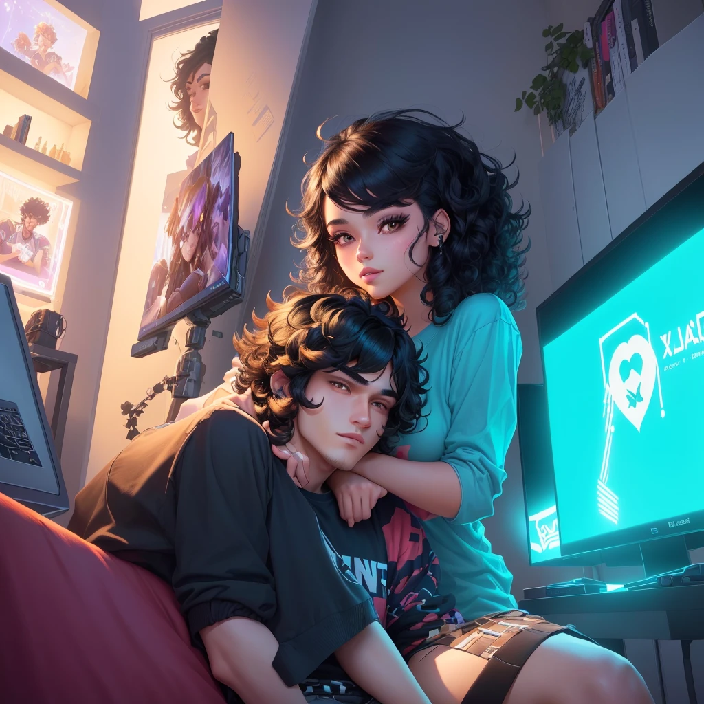 cartoon illustration of a couple sitting on a couch playing video games, inspired by Lois van Baarle, Playing, video game fanart, playing video games, gaming illustration, Rhads and Lois Van Baarle, by Lois van Baarle, twins playing video games, Lois van Baarle and Rossdraws, video game style. The woman is black with short hair, voluminous and full hair, curly hair, black hair, with slanted eyes and eyeliner with a heart on the side. And the man is black with hair cut on the side, short hair, curly hair, black hair, curly hair.