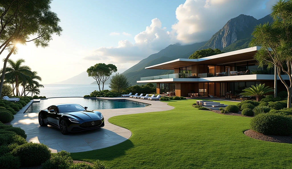 luxury mansion with a luxuary car parked in front of it, green yard with trees, behind sea and mountains, luxury pool, luxury lifestyle, luxurious environment, luxury architecture, rich, huge mansion, rich style, luxury and elite, extremely opulent, luxurious, hyper luxurious, majestic masterpiece, wealthy, luxury, stunning grand architecture, exquisite masterpiece, flaunting his wealth, inside a grand, architectural masterpiece