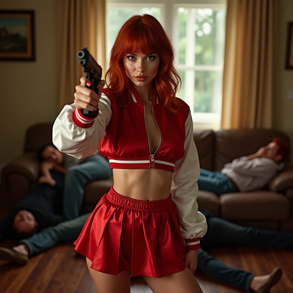 wide depth of field, wide depth of focus, f/11 lens setting, all objects in focus, living room background, full body image, red and white short cropped soft shiny satin bomber jacket, zipped up jacket, pleated shiny satin mini skirt, redhead woman posing with a pistol ,,almost perfect, pure form, intricate details, 8K post-production, high resolution, super detailed, Popular topics on Artstation,, Studio photos, intricate details, Very detailed, several unconscious men lay on the floor in the background