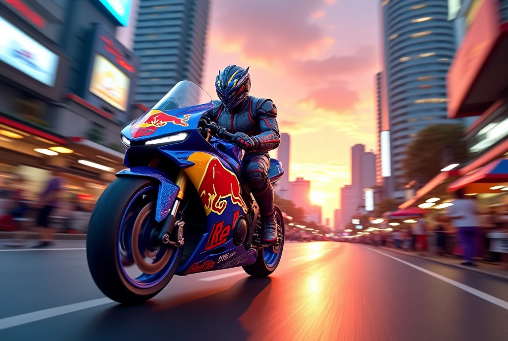 A picture of Kamen Rider riding a sport bike in Bangkok. His outfit and sport bike are inspired by the colors of the energy drink Red Bull.