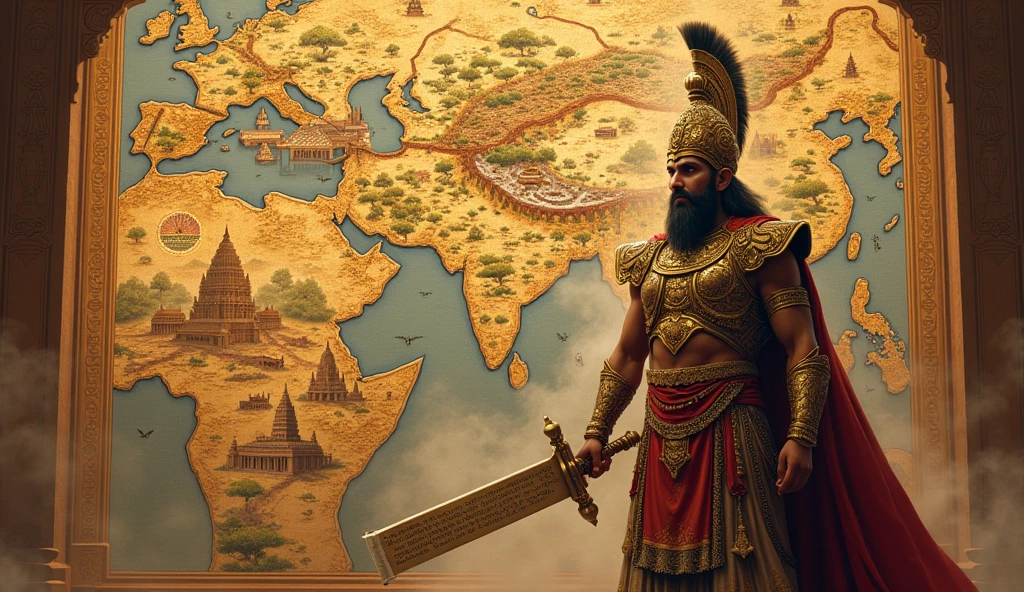 Samudragupta standing in regal armor at the forefront, holding a sword and a scroll, with a vast map of the Gupta Empire sprawling behind him, highlighting the territories he conquered. The map is adorned with ancient Indian symbols, temples, and rivers, representing the cultural and political influence of his reign."