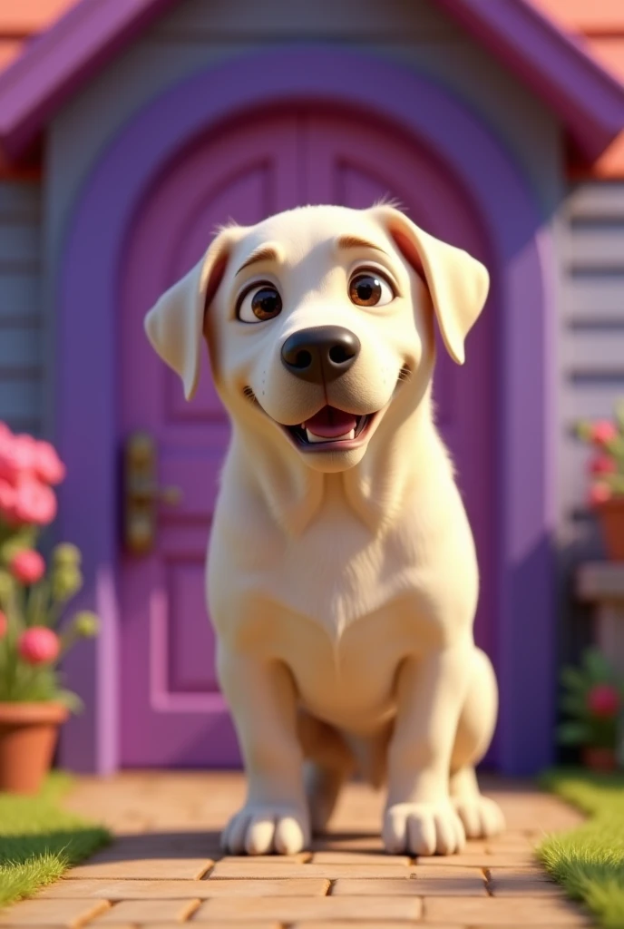 Cartoon Dog Character, female, Labrador Breed, low coat, on a background of purple wooden house, big door, grown-up, sobrepeso, cor off white, animation character, stylized character, animation style rendering, 3d stylized, Arnold Maya rendering, Stylized 3D rendering, toon render screenshot, 3d character, 3d character, Stylized 3D rendering, 3D character rendering, cartoon character, Personagem de close up, character posing, (Pixar-style) (master part:1.2) (bokeh) (best qualityer) (skin detailed) (detailed texture) (8k) (Argilla) (cinematic lighting) (sharp focus