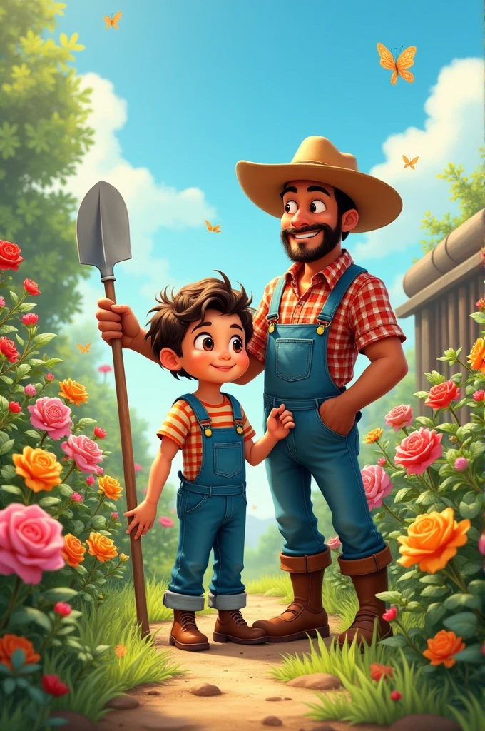 Image: Tomás and his dad with tools in a garden.