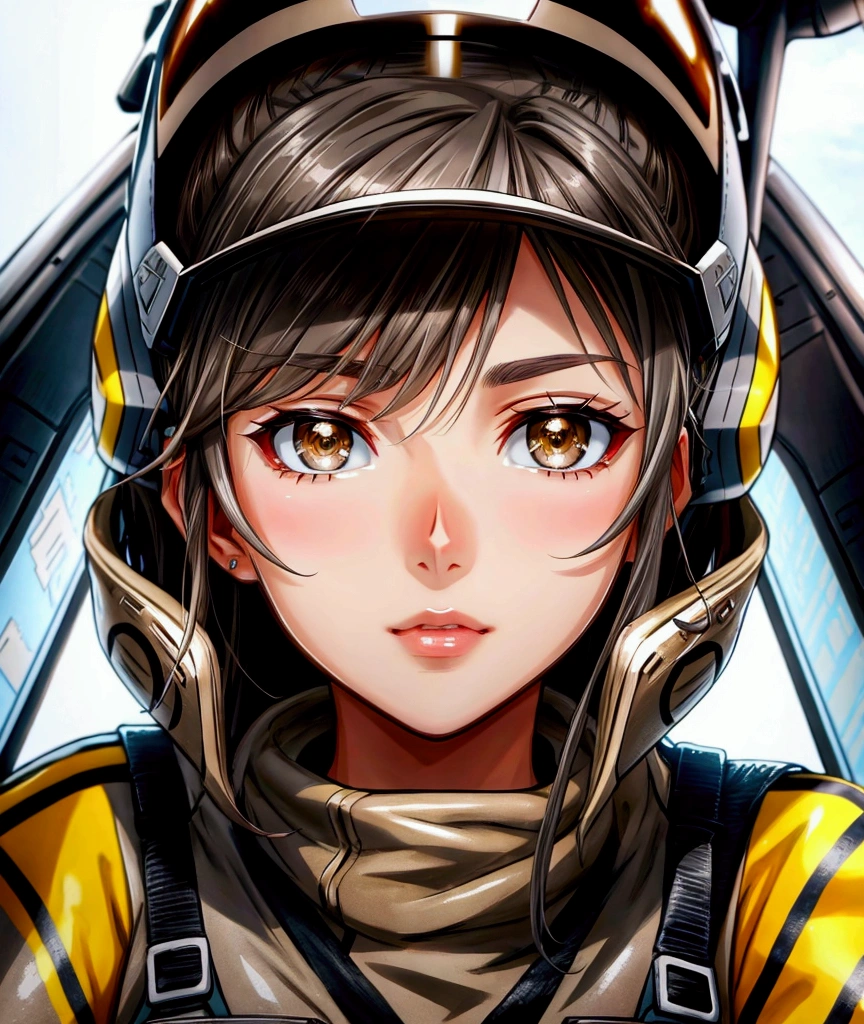 Brownish-gray hair　Brown eyes　beautiful girl　Ace Pilot　