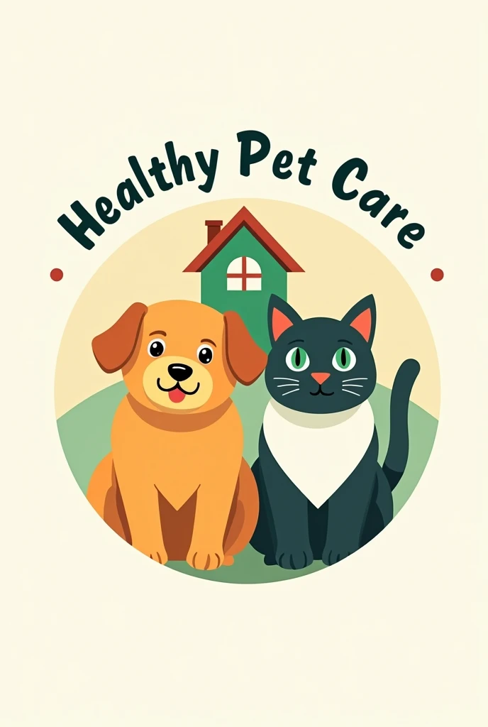Circle inside left side dog and right side cat , top fish inside house as logo above should written healthy pet care