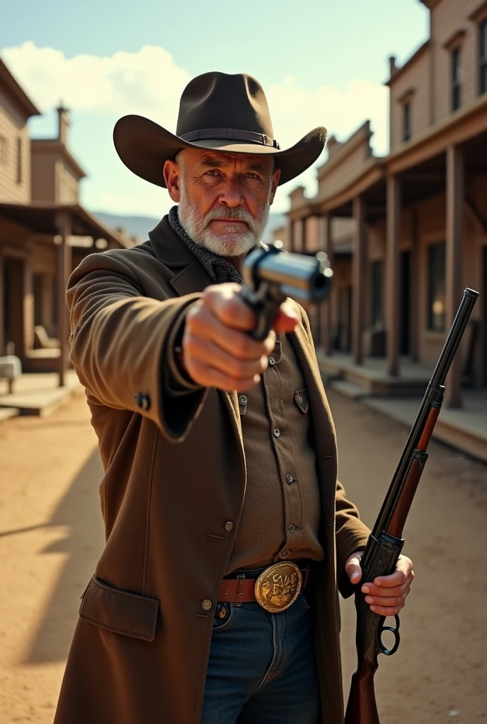 60 year Old man wearing cowboy outfit with the hat, he aiming with a revolver with his right hand, and his left hand is holding a double barrel shotgun, with a serius face, in the old cowboy theme town