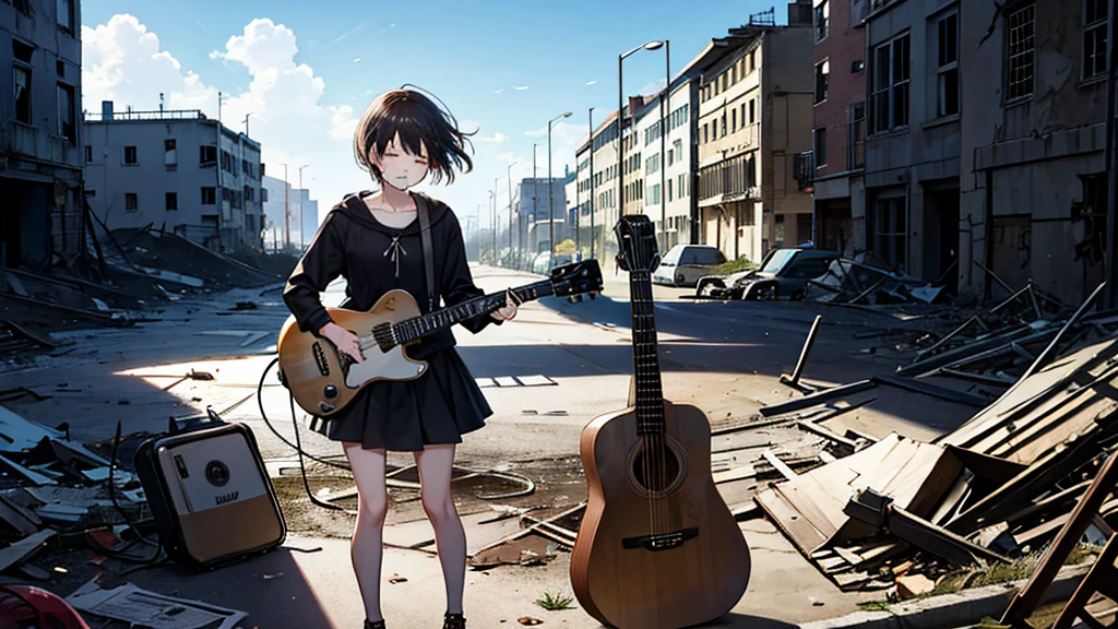 A woman is crying while playing guitar alone in a ruined city