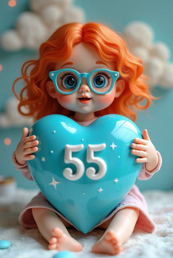 a doll with glasses making a blue heart with the number 55 in the middle