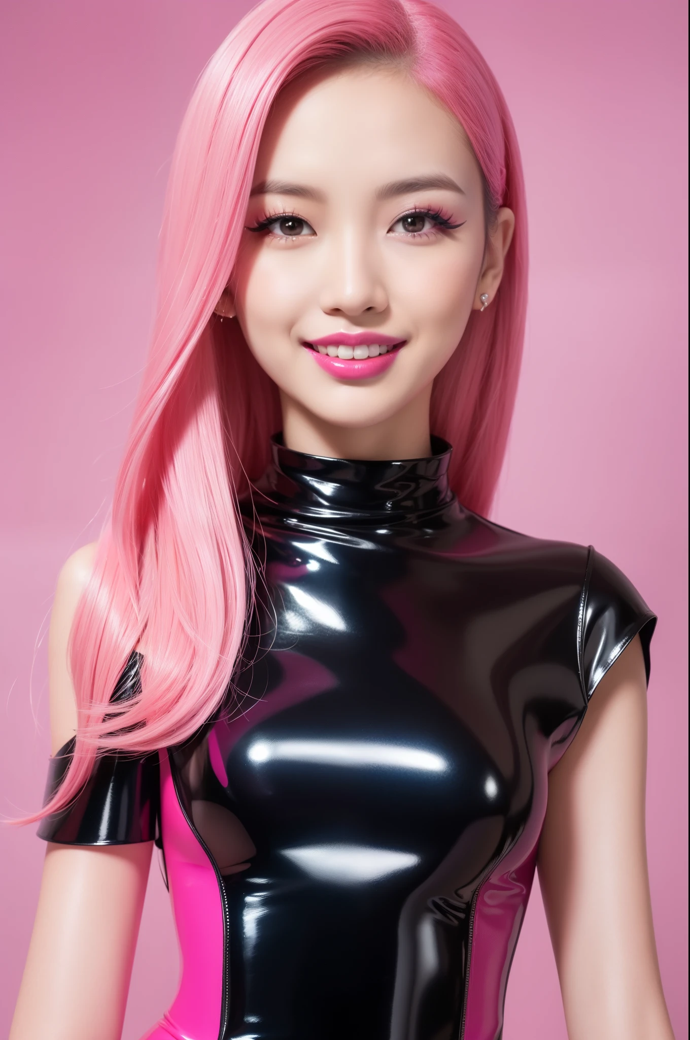 nsfw、sexy asian fashion model、glossy lipstick、smiling face、defined eyebrows、ultra detailed drama makeup、long lashes、full body Esbian、ultra detailed latex business dress(neon pink)、latex bracelets、Colorful hair