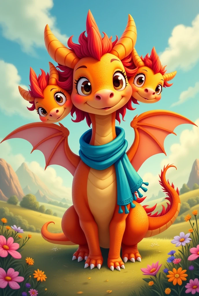Draw a 2D centaur dragon that has 3 heads and is orange and has red hair., and have a blue scarf and be adorable