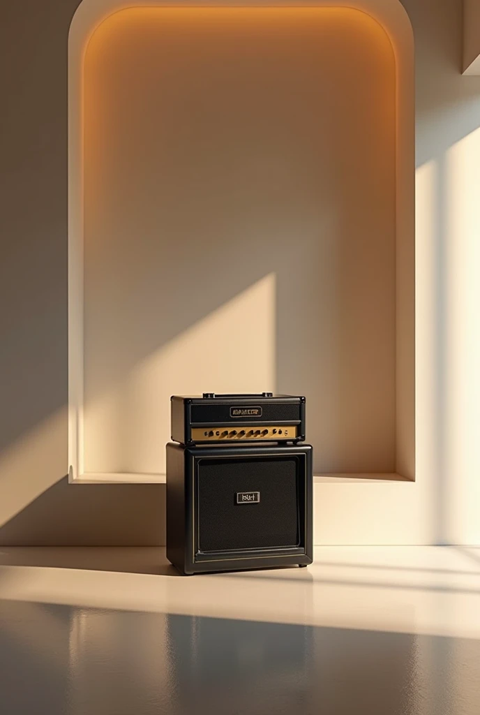 Guitar amplifier in an empty room Let the room be lit with warm light, and very modern