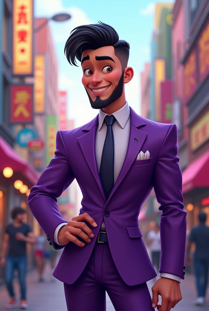 Beardless dark haired male cartoon character in purple suit