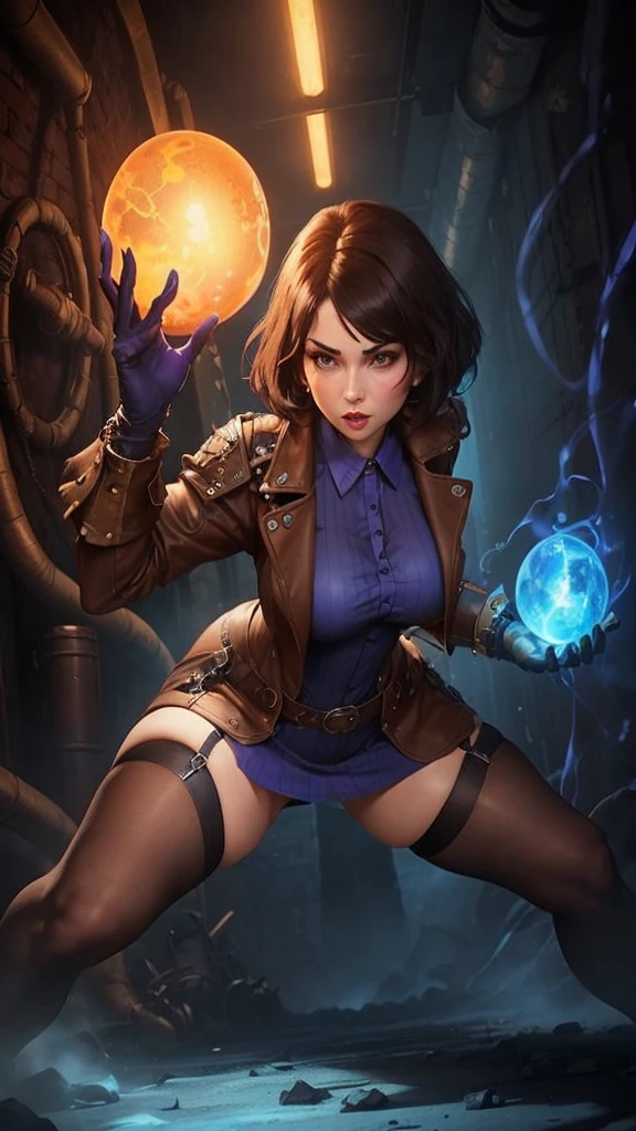 Curvy Elizabeth, small boobs, huge hips, (BioShock style), face detailing, ultra quality, (blue purple light), ((dark brown shirt mini dress, see through)), ((see through)), jacket, belts, face detailing, ultra quality, stockings, ((huge puffy nipple)), ((strong stance)), no panties, in catacombs, (magic sphere, magic electrics gloves), (steampunk armor)