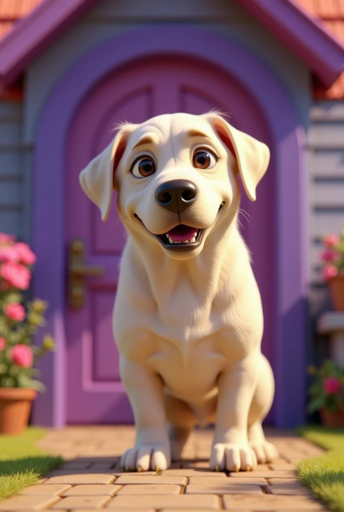 Cartoon Dog Character, female, Labrador Breed, low coat, on a background of purple wooden house, big door, grown-up, sobrepeso, cor off white, animation character, stylized character, animation style rendering, 3d stylized, Arnold Maya rendering, Stylized 3D rendering, toon render screenshot, 3d character, 3d character, Stylized 3D rendering, 3D character rendering, cartoon character, Personagem de close up, character posing, (Pixar-style) (master part:1.2) (bokeh) (best qualityer) (skin detailed) (detailed texture) (8k) (Argilla) (cinematic lighting) (sharp focus