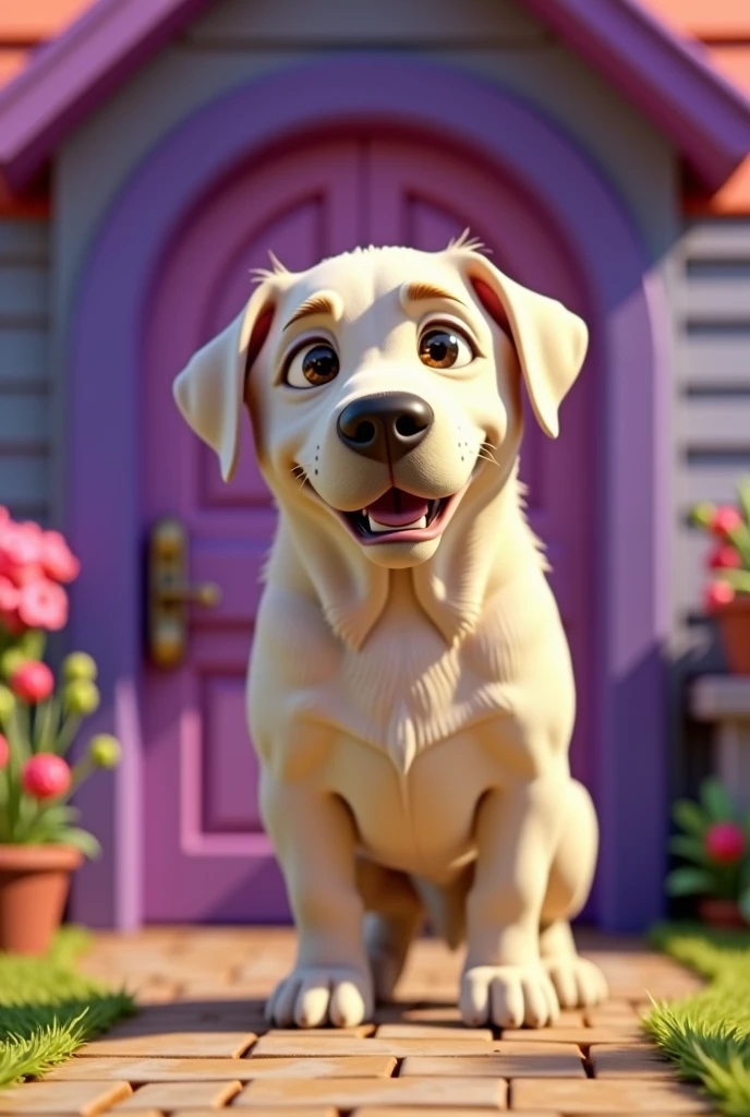 Cartoon Dog Character, female, Labrador Breed, low coat, on a background of purple wooden house, big door, grown-up, sobrepeso, cor off white, animation character, stylized character, animation style rendering, 3d stylized, Arnold Maya rendering, Stylized 3D rendering, toon render screenshot, 3d character, 3d character, Stylized 3D rendering, 3D character rendering, cartoon character, Personagem de close up, character posing, (Pixar-style) (master part:1.2) (bokeh) (best qualityer) (skin detailed) (detailed texture) (8k) (Argilla) (cinematic lighting) (sharp focus