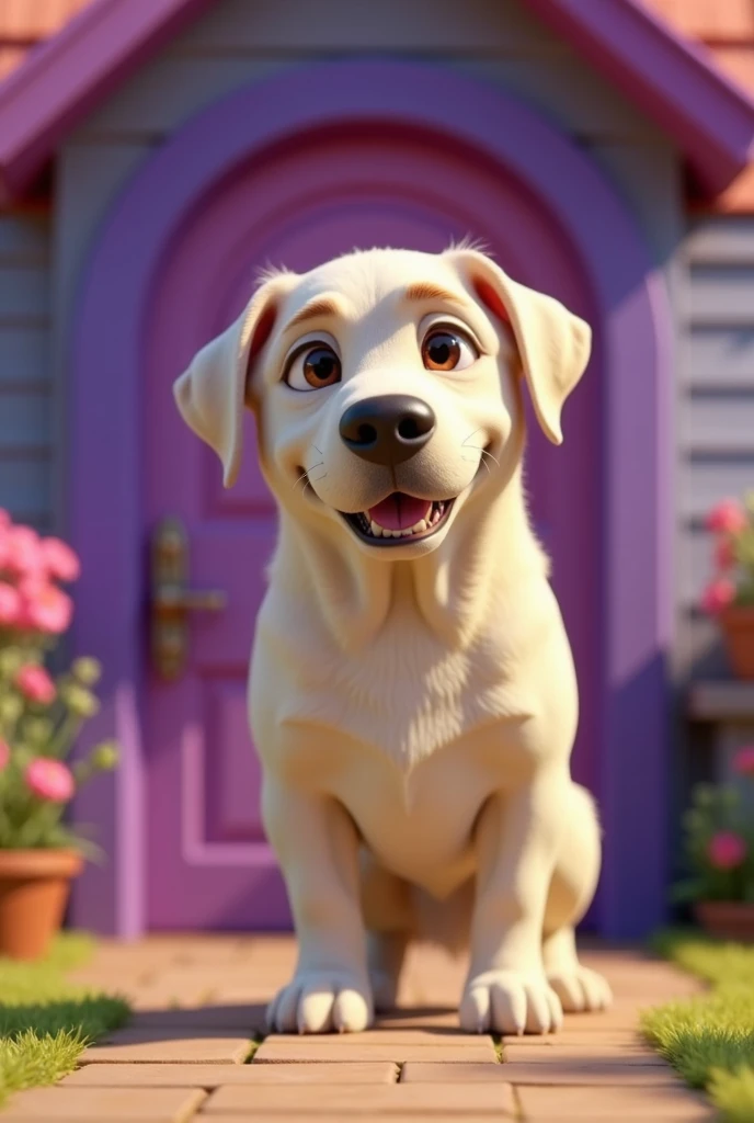 Cartoon Dog Character, female, Labrador Breed, low coat, on a background of purple wooden house, big door, grown-up, sobrepeso, cor off white, animation character, stylized character, animation style rendering, 3d stylized, Arnold Maya rendering, Stylized 3D rendering, toon render screenshot, 3d character, 3d character, Stylized 3D rendering, 3D character rendering, cartoon character, Personagem de close up, character posing,  (Pixar-style) (master part:1.2) (bokeh) (best qualityer) (skin detailed) (detailed texture) (8k) (Argilla) (cinematic lighting) (sharp focus