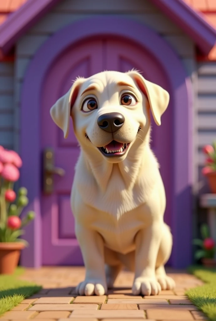 Cartoon Dog Character, female, Labrador Breed, low coat, on a background of purple wooden house, big door, grown-up, sobrepeso, cor off white, animation character, stylized character, animation style rendering, 3d stylized, Arnold Maya rendering, Stylized 3D rendering, toon render screenshot, 3d character, 3d character, Stylized 3D rendering, 3D character rendering, cartoon character, Personagem de close up, character posing, (Pixar-style) (master part:1.2) (bokeh) (best qualityer) (skin detailed) (detailed texture) (8k) (Argilla) (cinematic lighting) (sharp focus