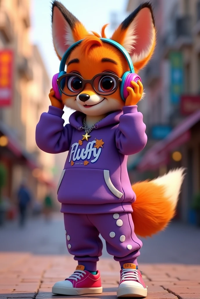 Create a 3D Disney Pixar style young fox named Fluffy. She should have vibrant orange fur with white spots on her belly and paws., with big, expressive eyes and cute ears. Cute should wear a cool and modern purple outfit:

vestimentas:

A purple sweatshirt set, com um estilo oversized, with hood and fun prints or graphics on the chest.
Purple jogger pants coordinated with the sweatshirt, with contrasting fabric details.
Accessories to be included:

A pair of large, colorful headphones, with shiny details.
A chain necklace with a star or heart pendant.
A smartwatch with a bright screen and a sports strap.
A pair of stylized sneakers, with vibrant colors and unique details.
Fashion sunglasses with mirrored frames.
Fofinha must have a casual and cool attitude, adjusting headphones or showing off sunglasses. The background should be a modern and vibrant urban environment, like a city street or a cool cafe, capturing the youthful energy and style typical of Disney Pixar.

