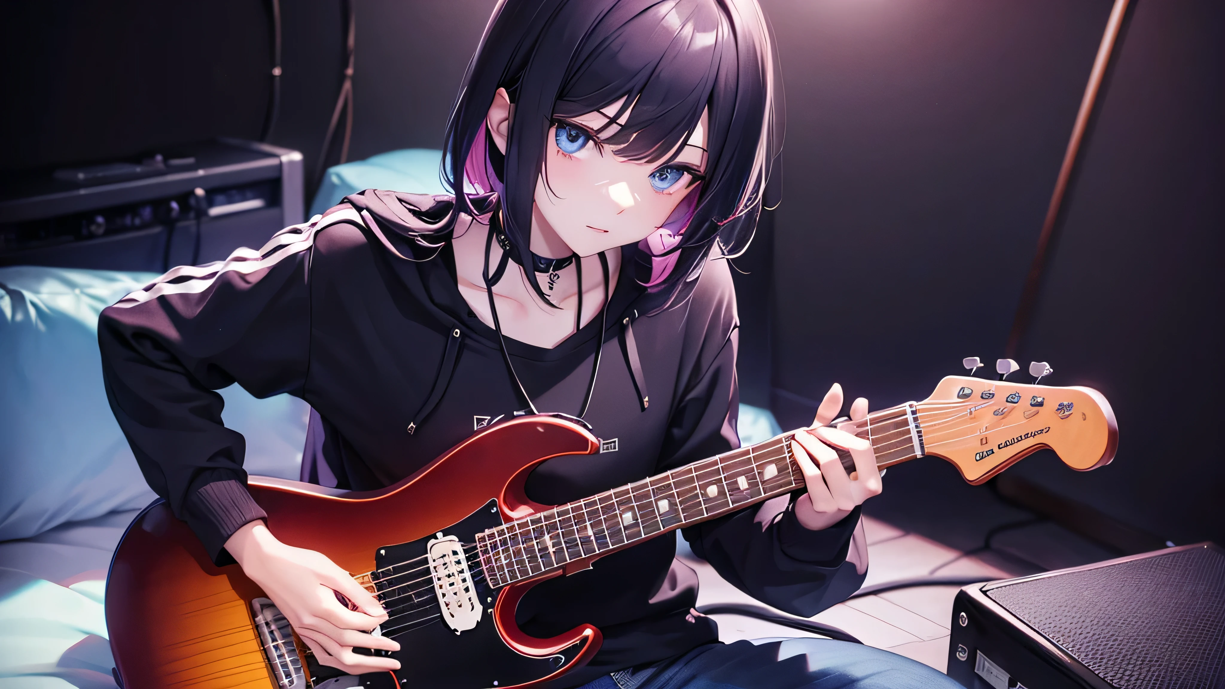 young, rock clothing, electric guitar in hand, sitting, dark room background with colored lights, evening
