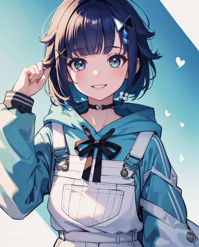 ((masterpiece, Highest quality, Absurd, Perfect Anatomy,Looking at the Viewer,8k,masterpiece, best quality1girl,solo))Tsumugi Kokage, short hair, hair ornament, hoodie, white overalls,smile