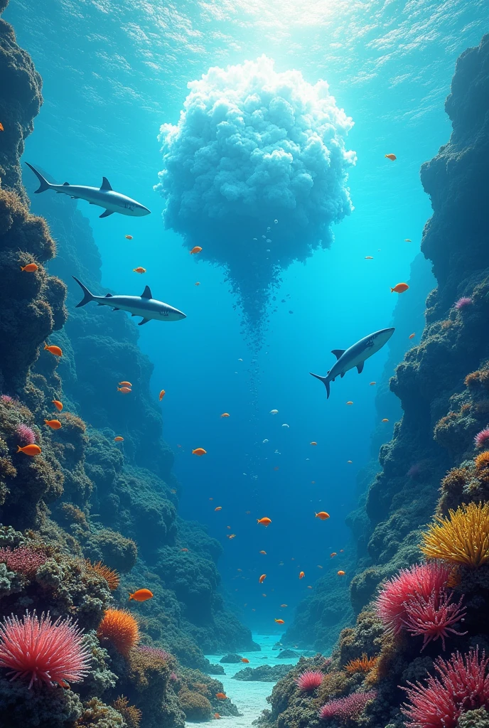 landscape of an ocean with many colorful fishs and sharks around it,in the middle there is a forming worlds ANGGI seen above