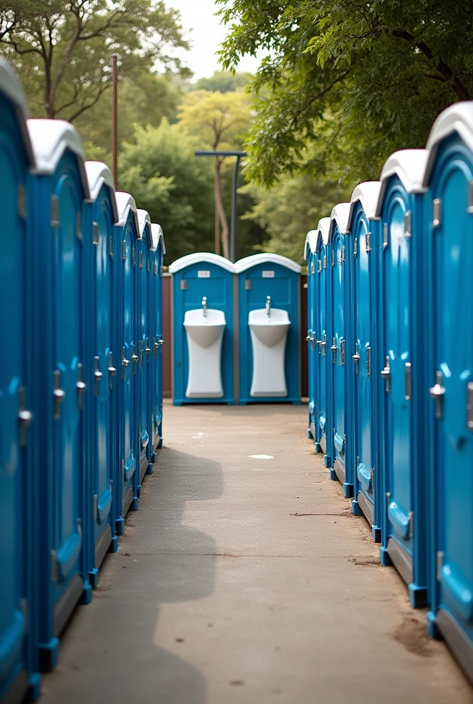 portable toilet perspective. 2 toilet stick and then distance, 2 shower stick space 2 lavatory and then 2 shower space 2 toilet. one row. the 2 lavatory is in the middle. one row not mirror. not like that. it is in the side of the court