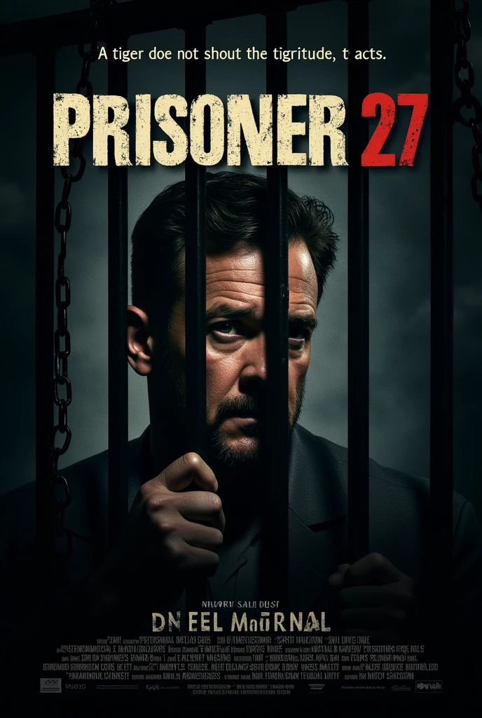 Design a movie poster for a film titled 'PRISONER 27.' The poster should have a dark, intense atmosphere with a focus on the character 'Peter,' played by Jay. Show Peter in a prison setting, perhaps behind bars or with elements that suggest confinement, like chains or a shadowy prison cell. Incorporate the tagline 'A tiger does not shout its tigritude, it acts.' prominently, with the text in a bold, gritty font. The background should be moody, with dark tones, giving a sense of suspense and tension. Include the following credits at the bottom of the poster in a professional movie-poster style:
Naduthattil Productions Presents
In association with HUSSAIN BROTHERS
Written & Directed by ASHIQ HUSSAIN
An AALAP KRISHNA MUSICAL
DOP AKSHAY MOHAN
EDITOR SREEJITH
SCREENPLAY by SUBIN SURESH, ASHIQ HUSSAIN
PRODUCED BY ANANDHU KRISHNAN, ASIF HUSSAIN
ASSOCIATE DIRECTOR ALTHAF
SFX & MASTERING AALAP KRISHNA
DI POTTAKKANNAN
ASSISTANT DIRECTOR ABHISHEK KUMAR
PUBLICITY DESIGN - Ajay Biju
JAY as PETER
Make the poster visually striking with a strong use of shadows and lighting to highlight the intensity and mystery of the film. The overall tone should evoke curiosity and intrigue, drawing the viewer into the storyline."