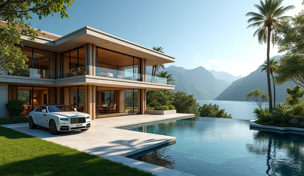 luxury mansion with a luxuary car parked in front of it, green yard with trees, behind sea and mountains, luxury pool, luxury lifestyle, luxurious environment, luxury architecture, rich, huge mansion, rich style, luxury and elite, extremely opulent, luxurious, hyper luxurious, majestic masterpiece, wealthy, luxury, stunning grand architecture, exquisite masterpiece, flaunting his wealth, inside a grand, architectural masterpiece