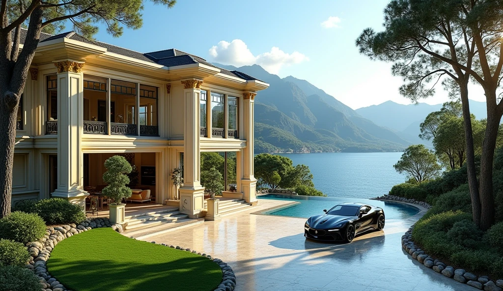 luxury mansion with a luxuary car parked in front of it, green yard with trees, behind sea and mountains, luxury pool, luxury lifestyle, luxurious environment, luxury architecture, rich, huge mansion, rich style, luxury and elite, extremely opulent, luxurious, hyper luxurious, majestic masterpiece, wealthy, luxury, stunning grand architecture, exquisite masterpiece, flaunting his wealth, inside a grand, architectural masterpiece