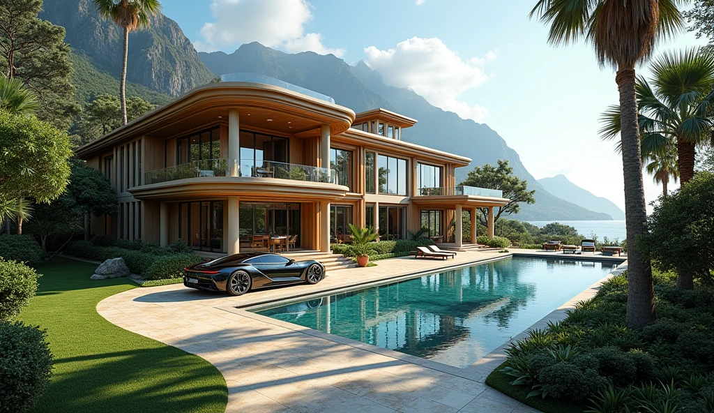 luxury mansion with a luxuary car parked in front of it, green yard with trees, behind sea and mountains, luxury pool, luxury lifestyle, luxurious environment, luxury architecture, rich, huge mansion, rich style, luxury and elite, extremely opulent, luxurious, hyper luxurious, majestic masterpiece, wealthy, luxury, stunning grand architecture, exquisite masterpiece, flaunting his wealth, inside a grand, architectural masterpiece