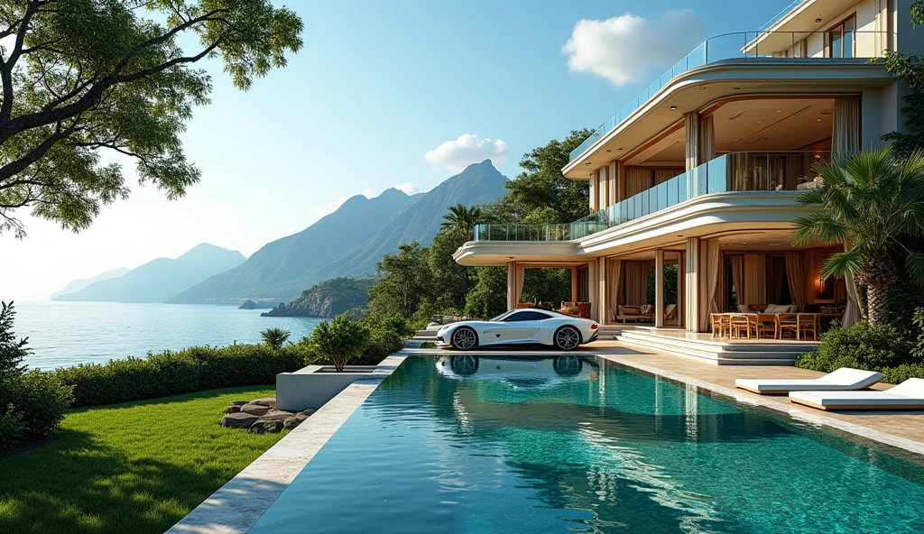 luxury mansion with a luxuary car parked in front of it, green yard with trees, behind sea and mountains, luxury pool, luxury lifestyle, luxurious environment, luxury architecture, rich, huge mansion, rich style, luxury and elite, extremely opulent, luxurious, hyper luxurious, majestic masterpiece, wealthy, luxury, stunning grand architecture, exquisite masterpiece, flaunting his wealth, inside a grand, architectural masterpiece