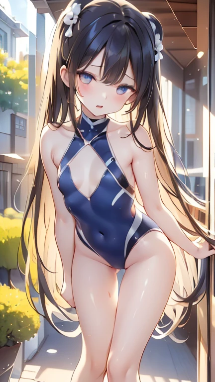 (Highest quality)), ((masterpiece)), (detailed), 一人ののBeautiful woman，Very sexy，(((Small breasts 1.5,One Piece Navy Blue Competition Swimsuit))),By the pool,Body wet with water,
Beautiful woman，Beautiful little face，Beautiful gray eyes,Well-formed double eyelids,Beautiful teeth alignment，Beautiful 8-head body line，Slender body，Curved waist,Cute ass,Beautiful long arms，Beautiful long legs，Long and supple twin-tailed hair，Shiny black hair，Embarrassed expression，blush，Thin lips，Beautiful shoulders，Beautiful clavicle、Excited，Semen in the hair，Lots of love juice in the crotch，orgasm，Please open your mouth wide，Drooling，((((woman standing leaning forward))))，Expressions of Ecstasy，Climax expression，