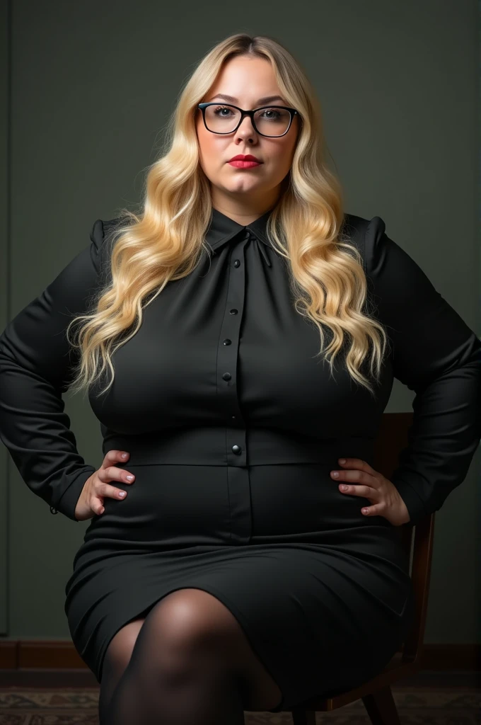 Full body picture of a tall, chubby, blonde girl with long hair. Female bossy, very chubby. strict, formal clothes, high-neck blouse, pencil skirt, no underwear, hands on her wide hips. very voluptuous, strict glasses. Menacing, dominating posture and expression. POV facesitting, she is Sitting on the viewers face