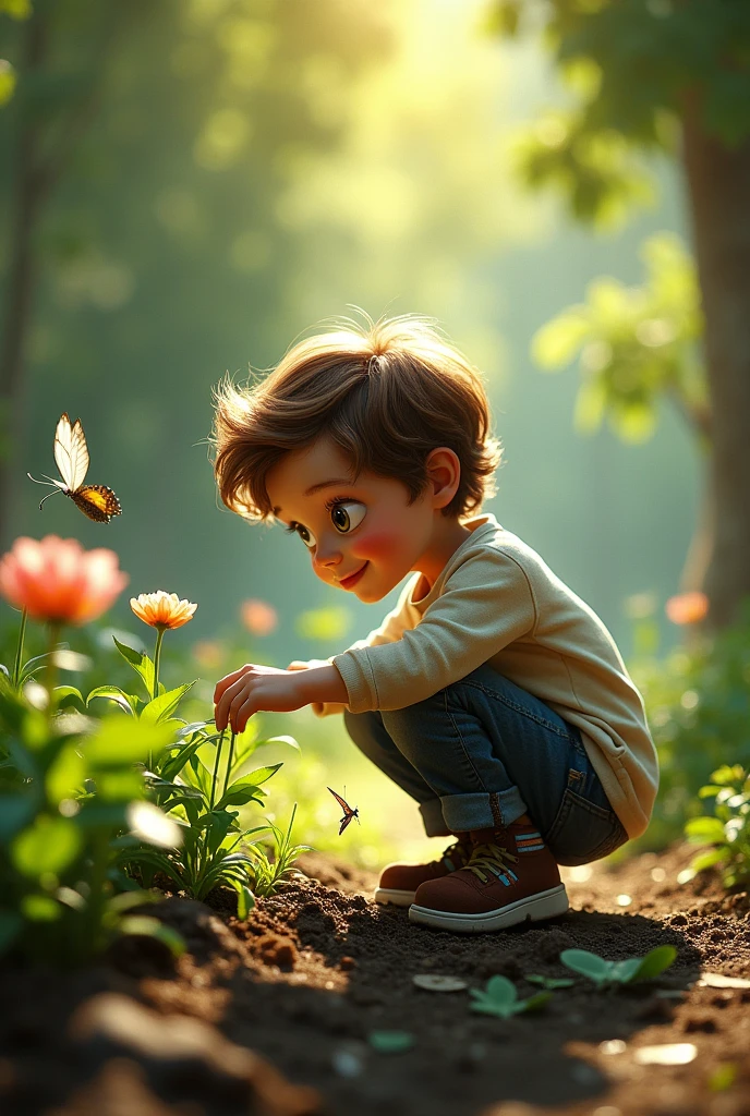 A boy smile something in the sit in nature with butterfly 