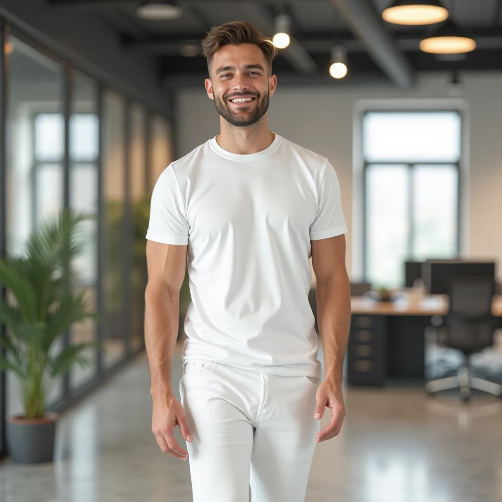 A high-resolution, photorealistic, {{full-body from head to toe}}, walking to camera, front-facing image of a man, 1.85m tall wearing a plain white t-shirt and pants. The man is smiling, standing straight with a relaxed posture and a neutral expression. The scene is set against a [modern office interior] background with [soft ambient light]. The t-shirt is smooth, with minimal folds, ideal for overlaying designs. The image captures the entire body from head to toe, with realistic lighting and detailed textures.