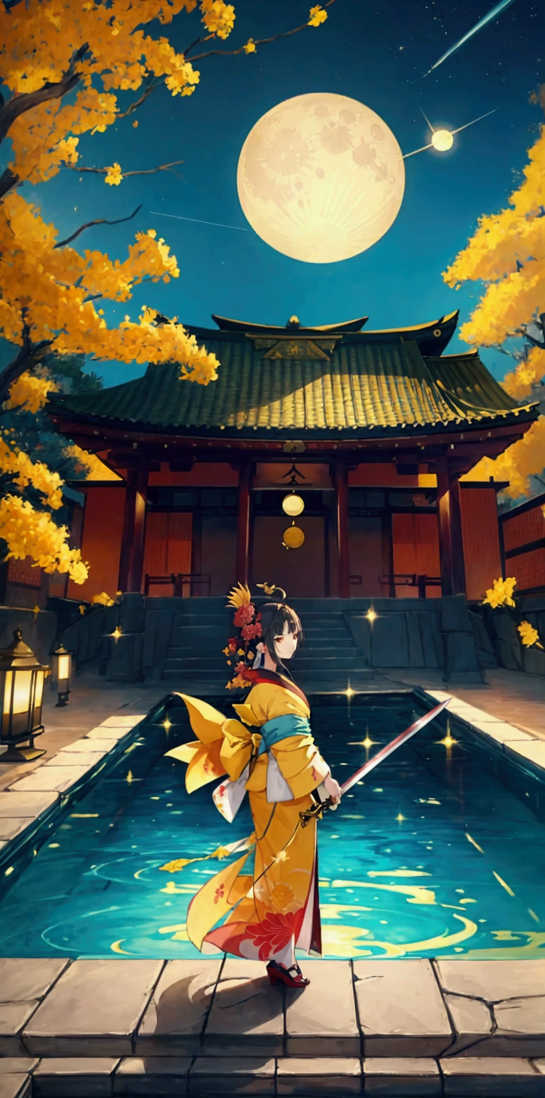 An unbeatable masterpiece,A sword wrapped in yellow flames,kimono,night,moon,Pool,palace