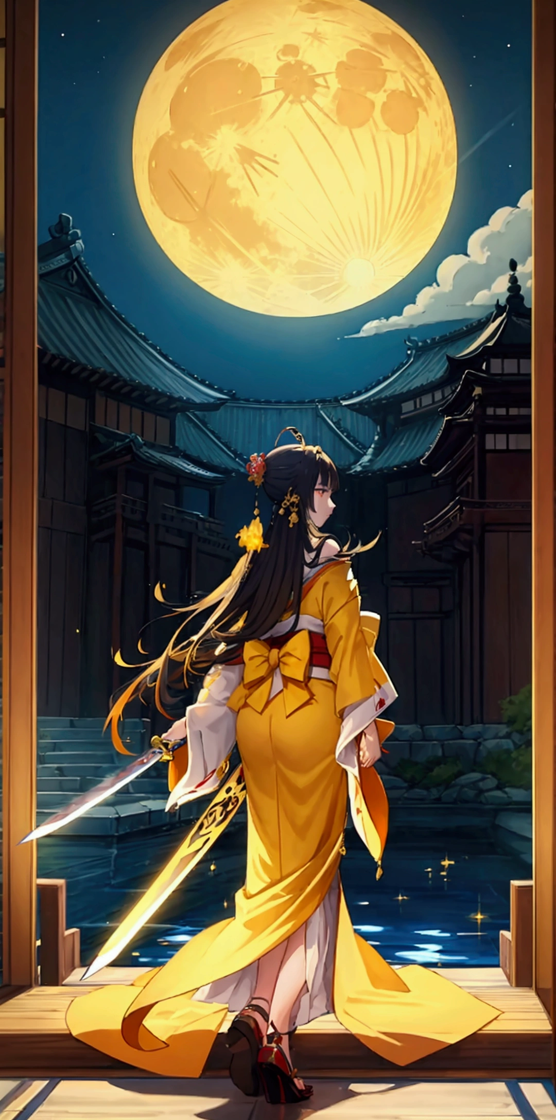 An unbeatable masterpiece,A sword wrapped in yellow flames,kimono,night,moon,Pool,palace