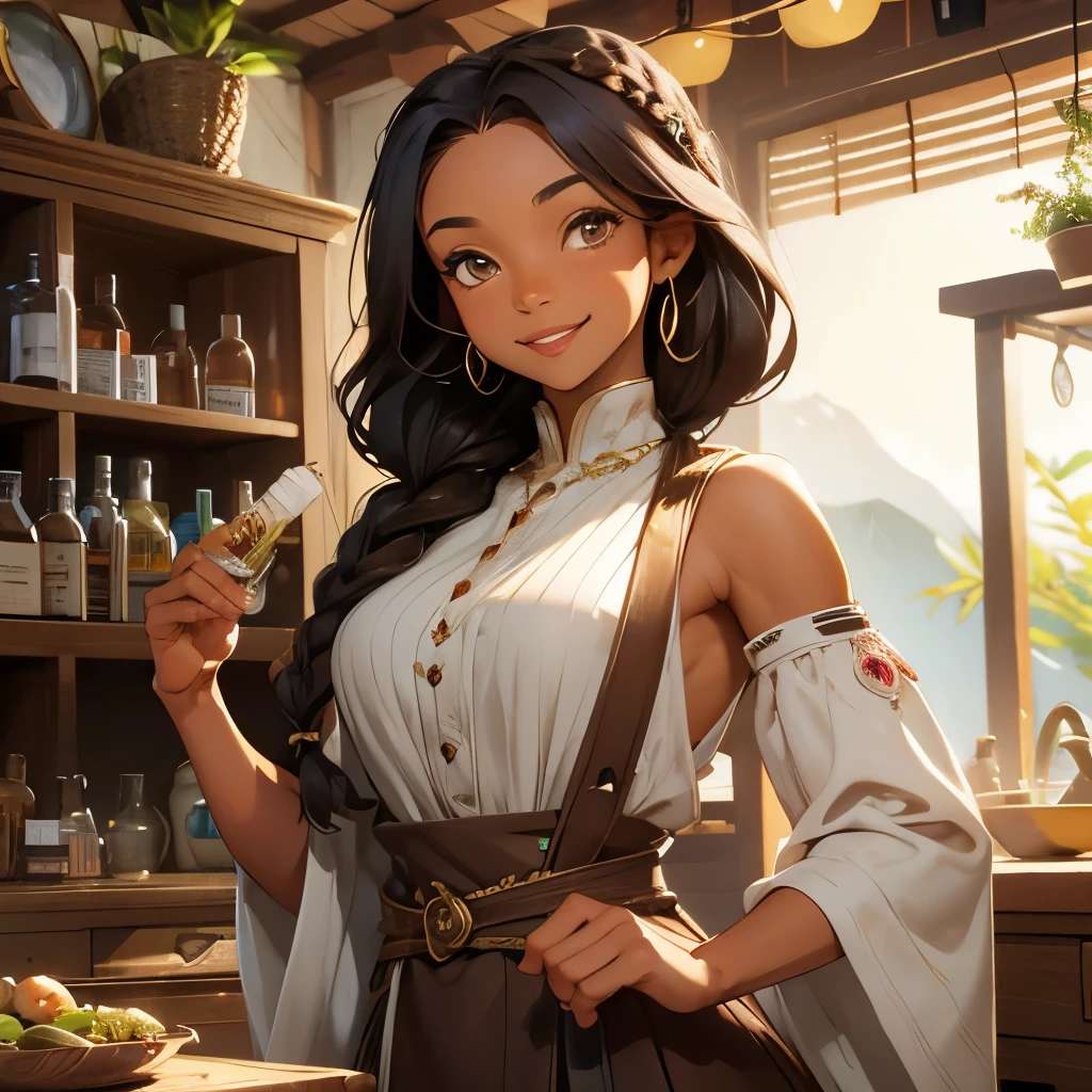 human female, herbalist, apothecary, modest island attire, dark hair, brown skin, toned muscles, curvy figure, braided hair, smiling, cheerful, trinkets in hair