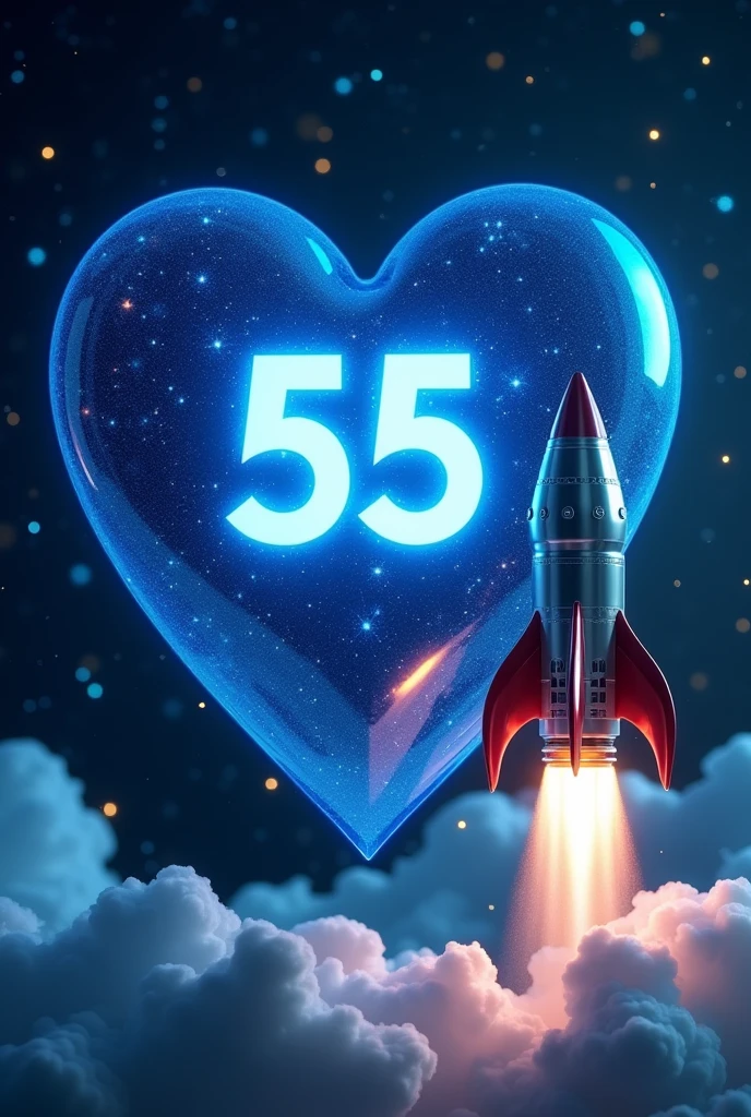 a blue heart with the number 55 in the middle with the rocket on the side
