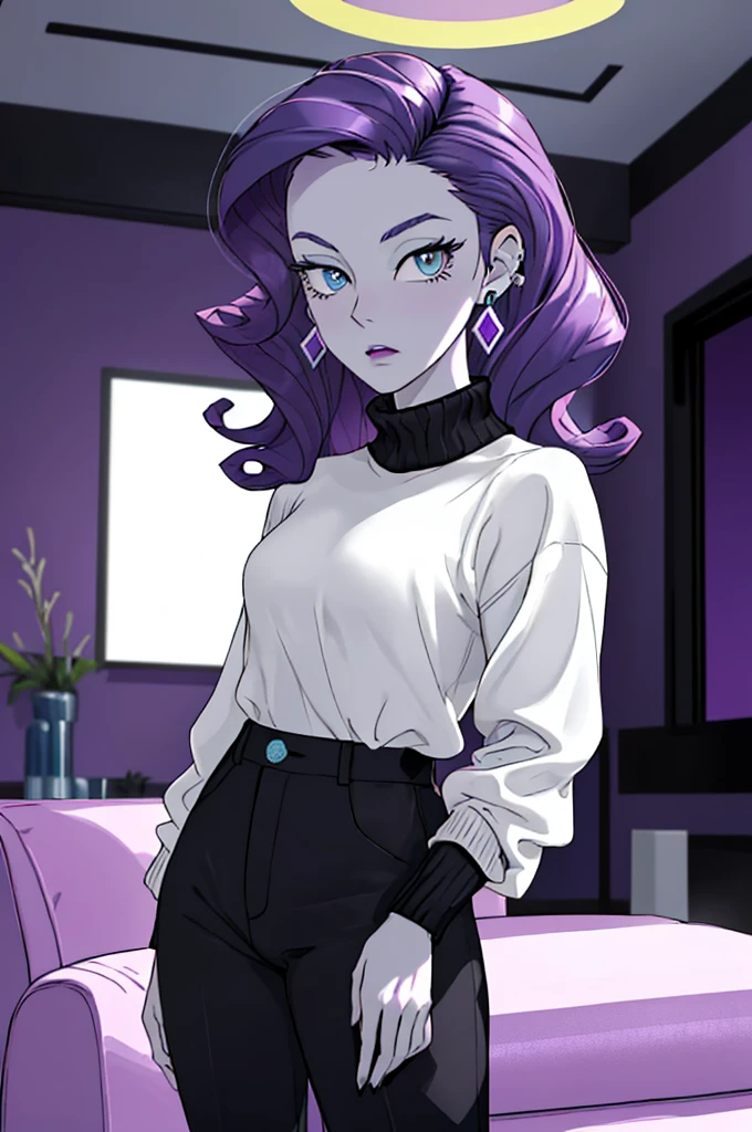 women, blue eyes, Pale skin, Curly Purple Hair, wearing turtleneck, Black pants, earrings, looking to the camera, surprised expression, inside, Living room, Instagram Pose, comfortable room, hot colors, bright lighting, moody atmosphere, underwear