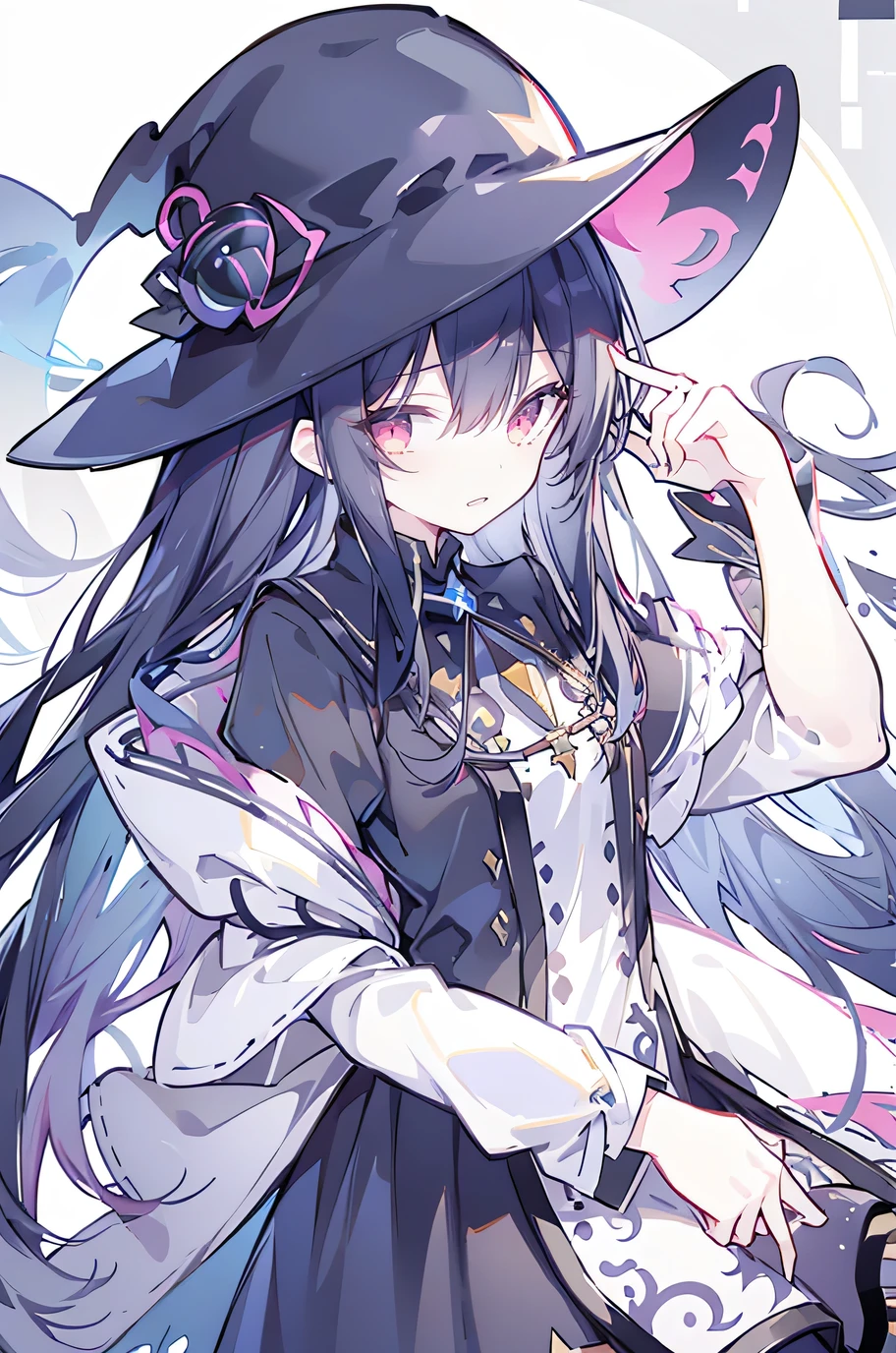 oung Girls,Humanity,A magician always smiles,big witch hat,cute,dark blue long hair,The eyes are dull,The bangs are heavy,Thin eyebrows,fantasy,intake,Double teeth,Star Theme,Constellation pattern,Solid color clothetal decoration,cloak,A bit of a dark atmosphere,A little crazy smile,When the big moon shines outside at night,blood,Hair black star embellishment,Short tie,No nails,High waist skirt,Bell sleeves,Long-sleeved shirt,Black tie,low risk,gentlemen。Mist、Yellow and white effect，Shocking pink as an accent color