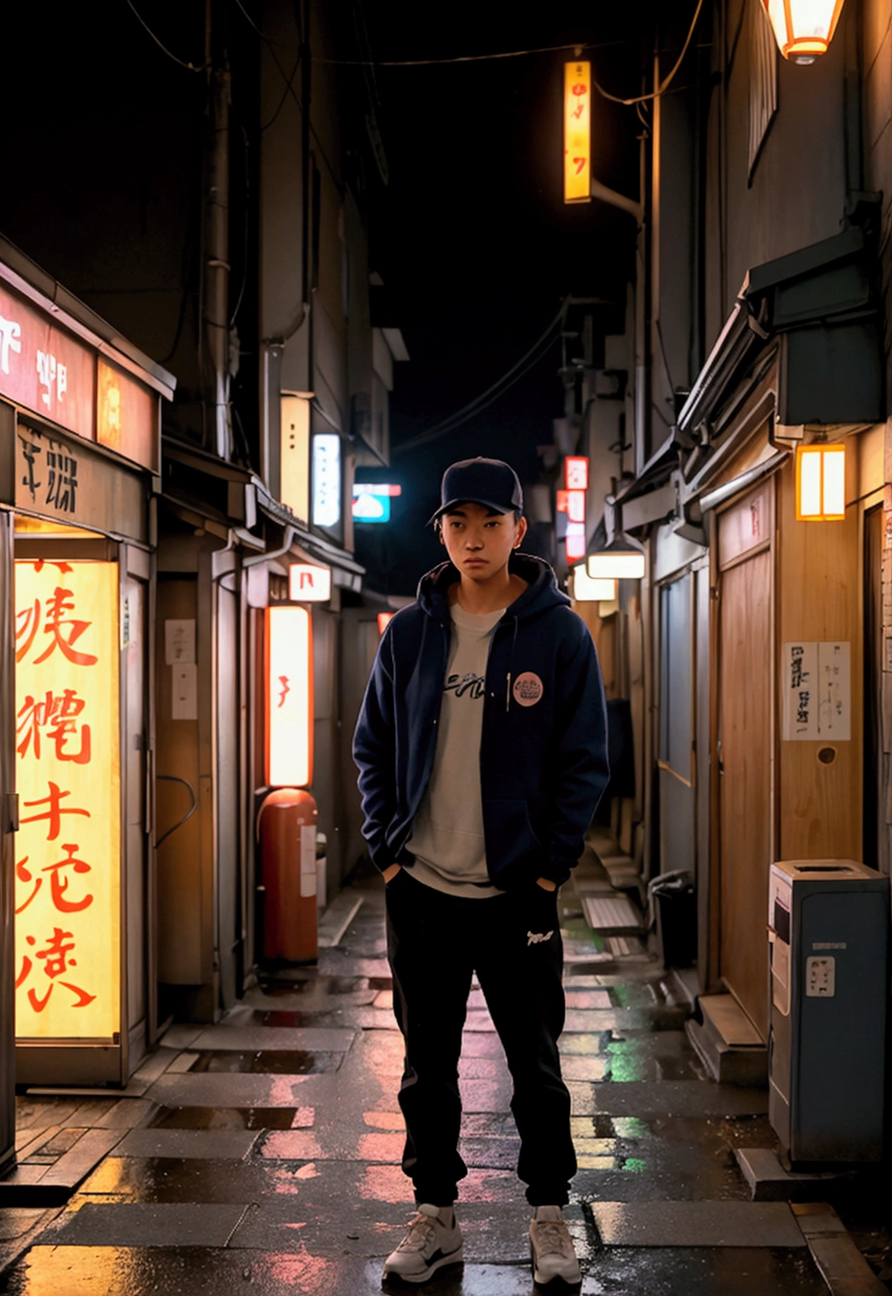 A young man in a navy blue hoodie standing in the center of a narrow, dimly lit Tokyo alley. His hood is slightly pulled up, casting a shadow over his face, which is partially obscured by the glow of a neon sign that reads "Ramen Shop" in kanji characters hanging above the entrance of a small eatery to his right. The alley, a blend of traditional and modern Japan, is lined with a mix of wooden and concrete buildings. The walls are adorned with graffiti and posters for local events, creating a vibrant yet mysterious atmosphere. To the left, a line of vending machines stand tall, their lights reflecting off the wet pavement from a recent rain shower. Behind him, the neon lights of a pachinko parlor flicker, illuminating the alley in a pinkish-white hue. The man's posture is relaxed yet alert, one hand in his pocket, the other holding a takeout bag from the ramen shop. His footwear, a pair of well-worn sneakers, suggests comfort and practicality for the city streets. The scene is alive with the muffled sounds of distant traffic and the occasional chatter of passersby, yet the man remains a solitary figure, lost in thought or contemplating his next move. The rain has ceased, but the dampness in the air lingers, contributing to the alley's intimate and slightly eerie ambiance. The overall composition captures the essence of a quiet moment in the bustling city's nightlife, where the mundane intersects with the enigmatic.