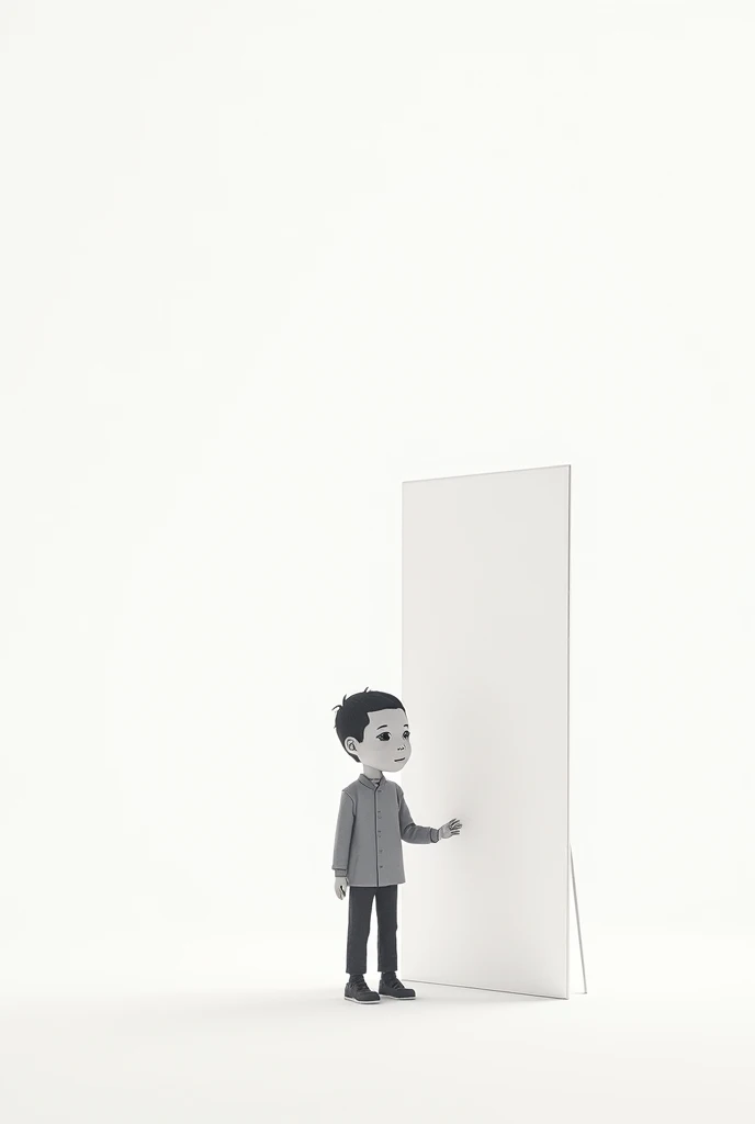 An image of a 19 year old boy with a simple no face drawing standing next to a large white board and a white background