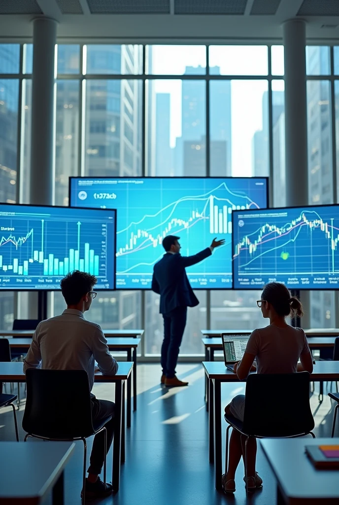 Represent the study of the economic cycle of a country with large futuristic-style graphs with a couple of young students, male and female, in a very large university classroom with a professor . Put students in a small part of the picture