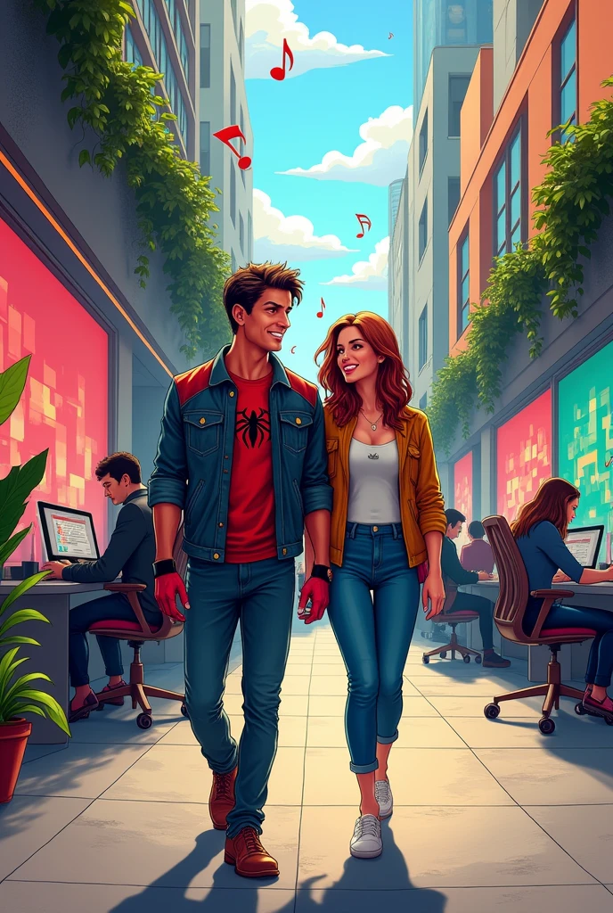 Peter Parker and Mary Jane walking in the Spotify offices. Comic Type
