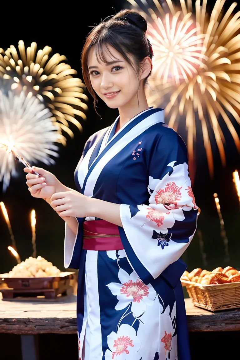 (Highest quality、Tabletop、8k、Best image quality、Award-winning works)、One beautiful woman、(Elegant floral kimono:1.2)、(Perfect kimono:1.3)、Perfect mature woman portrait photo、Glowing Skin、Standing Elegantly、(Grand and beautiful fireworks background:1.3)、(The most detailed and vivid fireworks:1.2)、(Perfect depiction of the most complex and detailed fireworks:1.2)、(The perfect backdrop for a summer festival:1.2)、Glowing White Skin、Very white skin、(The most graceful posture:1.1)、Perfect beautiful glossy lips、(Accurate anatomy:1.1)、(A perfect and elegant outfit:1.1)、(Front facing body:1.2)、(Hair Bun:1.1)、(The most moody and romantic:1.1)、Great cinema lighting、(Tyndall effect:1.1)、(A deep summer festival food stall background:1.2)