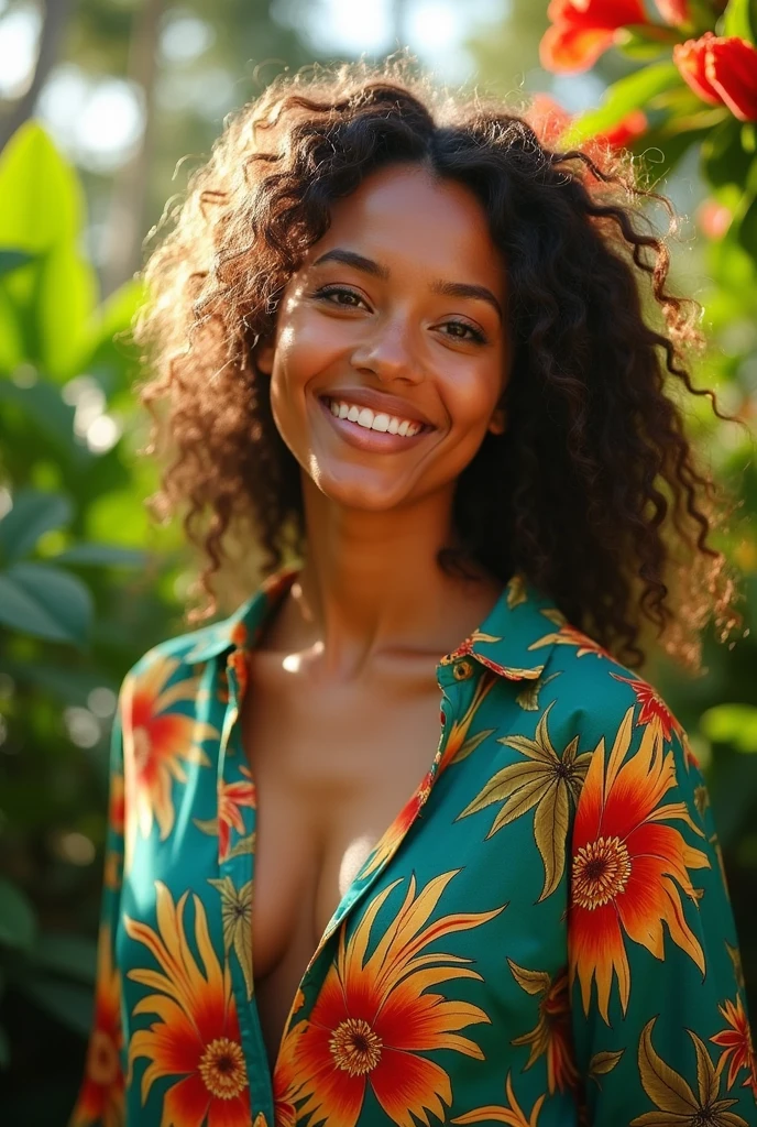 A Brazilian woman in a lush tropical garden, wearing an open shirt with a floral print, with a close-up capturing the harmonious beauty between her breasts and the natural flowers, showing off your natural charm and outgoing personality.