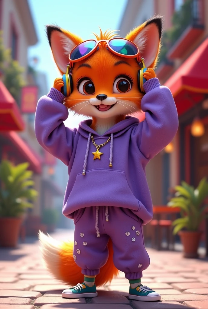 Create a 3D Disney Pixar style young fox named Fluffy. She should have vibrant orange fur with white spots on her belly and paws., with big, expressive eyes and cute ears. Cute should wear a cool and modern purple outfit:

vestimentas:

A purple sweatshirt set, with an oversized style Purple jogger pants coordinated with the sweatshirt, with contrasting fabric details.
Accessories to be included:

A pair of large, colorful headphones, with shiny details.
A chain necklace with a star or heart pendant.
A smartwatch with a bright screen and a sports strap.
A pair of stylized sneakers, with vibrant colors and unique details.
Fashion sunglasses with mirrored frames.
Fofinha must have a casual and cool attitude, adjusting headphones or showing off sunglasses. The background should be a modern and vibrant urban environment, like a city street or a cool cafe, capturing the youthful energy and style typical of Disney Pixar.


