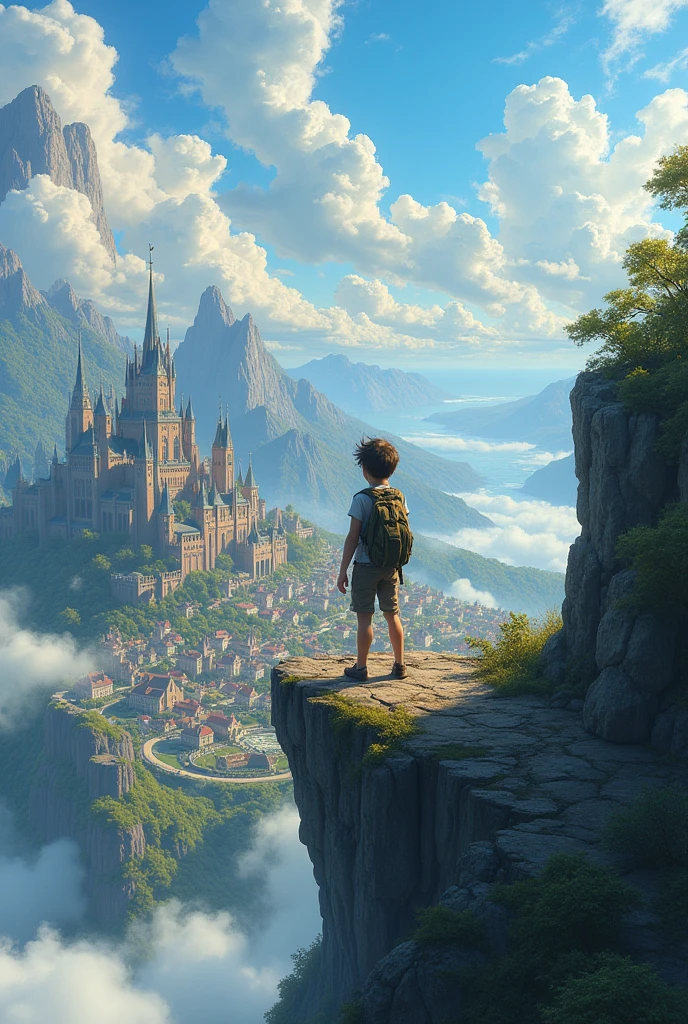 young man,stand,Turn your back.,adventurer,stand on cliff, Ahead is a big kingdom town. big cloud kingdom town city, fairy tail , beginer Adventurer, wind fantasy.